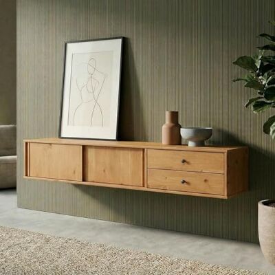 IDIMEX Meuble TV Suspendu Simona, 2 Portes 2 Tiroirs, 175 cm, Couleur Chêne, en Pin Massif, pour téléviseur jusqu'à 75", Style Vintage Scandinave Années 50, Rangement Pratique pour Salon - Publicité IDIMEX Meuble TV Suspendu Simona, 2 Portes 2 Tiroirs, 175 cm, Couleur Chêne, en Pin Massif, pour téléviseur jusqu'à 75", Style Vintage Scandinave Années 50, Rangement Pratique pour Salon - Publicité