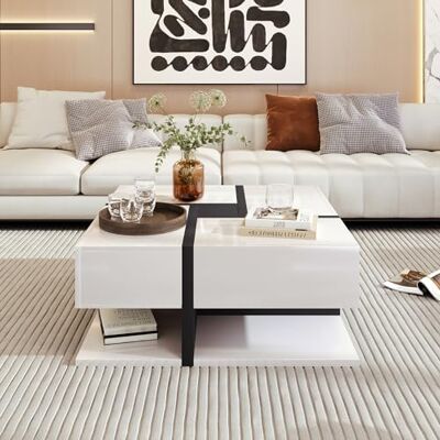 Merax Table de salon avec 4 tiroirs à haute brillance, table d'appoint moderne avec deux étagères, table centrale multifonctionnelle, design unique, 78 x 78 x 36 cm, couleur blanc - Publicité Merax Table de salon avec 4 tiroirs à haute brillance, table d'appoint moderne avec deux étagères, table centrale multifonctionnelle, design unique, 78 x 78 x 36 cm, couleur blanc - Publicité