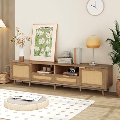 Merax Grand meuble TV en rotin avec 2 portes, 2 tiroirs, 2 espaces de rangement ouverts, pieds en bois massif, buffet rustique pour salon, salle à manger, chêne foncé, 200 x 37 x 49 cm - Publicité Merax Grand meuble TV en rotin avec 2 portes, 2 tiroirs, 2 espaces de rangement ouverts, pieds en bois massif, buffet rustique pour salon, salle à manger, chêne foncé, 200 x 37 x 49 cm - Publicité