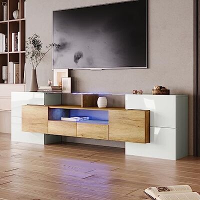 BTM Meuble TV 200 cm, LED, Design Moderne, Surface de Verre, Meubles Bas de Salon, Blanc Brillant - Publicité BTM Meuble TV 200 cm, LED, Design Moderne, Surface de Verre, Meubles Bas de Salon, Blanc Brillant - Publicité