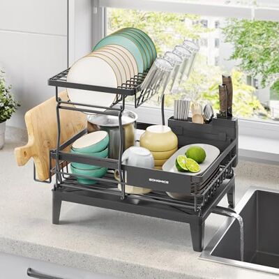 SONGMICS Égouttoir à Vaisselle, 2 Niveaux, Organisateur de Plan de Travail, Bec Rotatif à 360° et Extensible, Bac d’Égouttement, Porte-Couverts, 31 x 42 x 36,5 cm, Gris Ardoise KCS551G101 - Publicité SONGMICS Égouttoir à Vaisselle, 2 Niveaux, Organisateur de Plan de Travail, Bec Rotatif à 360° et Extensible, Bac d’Égouttement, Porte-Couverts, 31 x 42 x 36,5 cm, Gris Ardoise KCS551G101 - Publicité