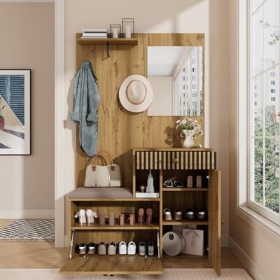 Merax Armoire d'entrée murale compacte 110 x 37 x 185,5 cm avec tiroirs, étagères réglables, miroir, coussin rembourré et rangement pour chaussures, couleur cachemire : bois et noir - Publicité Merax Armoire d'entrée murale compacte 110 x 37 x 185,5 cm avec tiroirs, étagères réglables, miroir, coussin rembourré et rangement pour chaussures, couleur cachemire : bois et noir - Publicité