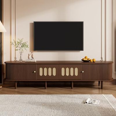 BTM Meuble TV Ovale 180x40x40cm, Noyer Foncé, Design Rotin, MDF, Charge 30kg, 2 Tiroirs, Porte Coulissante - Publicité BTM Meuble TV Ovale 180x40x40cm, Noyer Foncé, Design Rotin, MDF, Charge 30kg, 2 Tiroirs, Porte Coulissante - Publicité