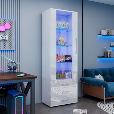 Merax Vitrine en verre avec éclairage LED blanc brillant avec portes et 3 tiroirs, armoire haute de 180 cm, armoire de cuisine, armoire polyvalente pour salon, chambre à coucher, bureau - Publicité Merax Vitrine en verre avec éclairage LED blanc brillant avec portes et 3 tiroirs, armoire haute de 180 cm, armoire de cuisine, armoire polyvalente pour salon, chambre à coucher, bureau - Publicité