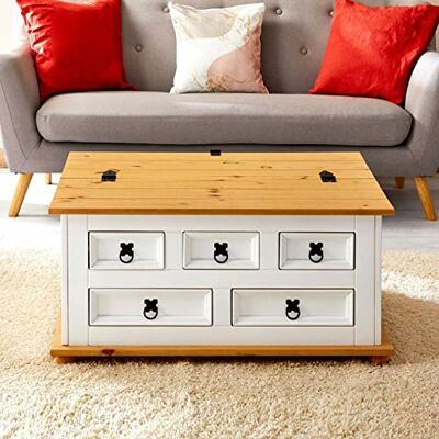 Table basse rustique en pin blanc/marron avec rangement - Meuble avec 5 tiroirs - Publicité Table basse rustique en pin blanc/marron avec rangement - Meuble avec 5 tiroirs - Publicité