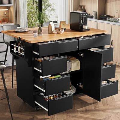 Merax Îlot de cuisine mobile moderne avec table extensible, chariot de service avec étagère à épices, 8 tiroirs et roulettes, armoire de cuisine avec plan de travail et espace de rangement - Publicité Merax Îlot de cuisine mobile moderne avec table extensible, chariot de service avec étagère à épices, 8 tiroirs et roulettes, armoire de cuisine avec plan de travail et espace de rangement - Publicité