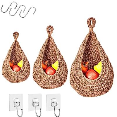 MEGYAD Lot de 3 paniers suspendus en coton tressé main pour fruits et légumes 3 crochets et 3 stickers muraux inclus Rangement décoratif suspendu pour cuisine - Publicité MEGYAD Lot de 3 paniers suspendus en coton tressé main pour fruits et légumes 3 crochets et 3 stickers muraux inclus Rangement décoratif suspendu pour cuisine - Publicité
