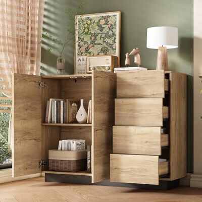 BTM Commode, Buffet, 4 Tiroirs, 2 Portes, pour Salon, Cuisine, Noir, Nuances Naturelles, 120x35.5x90.5 Cm - Publicité BTM Commode, Buffet, 4 Tiroirs, 2 Portes, pour Salon, Cuisine, Noir, Nuances Naturelles, 120x35.5x90.5 Cm - Publicité