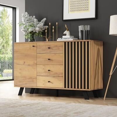 BTM Sideboard Salon 120x38x75cm, Design Creux avec 4 Tiroirs, Table D’Appoint 2 Armoires, Commode 120cm Large, Polyvalent, 5 Pieds Bois Massif, Couleur Bois - Publicité BTM Sideboard Salon 120x38x75cm, Design Creux avec 4 Tiroirs, Table D’Appoint 2 Armoires, Commode 120cm Large, Polyvalent, 5 Pieds Bois Massif, Couleur Bois - Publicité