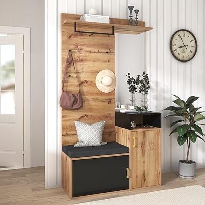 BTM Portemanteaux pour entrée, Ensemble de garde meuble chaussure entree, robe avec crochets à 4 niveaux, miroir, armoire à chaussures, armoire murale, treillis de rangement supérieur, banc de garde - Publicité BTM Portemanteaux pour entrée, Ensemble de garde meuble chaussure entree, robe avec crochets à 4 niveaux, miroir, armoire à chaussures, armoire murale, treillis de rangement supérieur, banc de garde - Publicité
