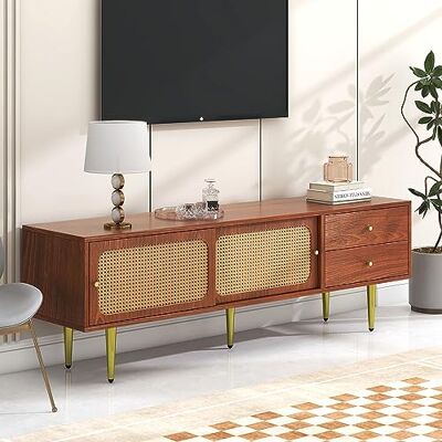 BTM Meuble TV en rotin, Banc TV avec 2 tiroirs, 2 Portes coulissantes en rotin, 4 Compartiments de Rangement, pour Salon, Salle à Manger, Chambre, Rangement Pratique, Noyer, 160x40x60cm - Publicité BTM Meuble TV en rotin, Banc TV avec 2 tiroirs, 2 Portes coulissantes en rotin, 4 Compartiments de Rangement, pour Salon, Salle à Manger, Chambre, Rangement Pratique, Noyer, 160x40x60cm - Publicité
