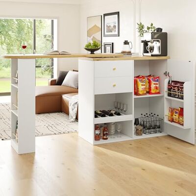 Merax Table de Bar de Salon,îlot de Cuisine, pivotante à 360°, avec 2 tiroirs, Armoire à Portes coulissantes et 3 étagères Ouvertes, Bureau Multifonction pour Salon Blanc - Publicité Merax Table de Bar de Salon,îlot de Cuisine, pivotante à 360°, avec 2 tiroirs, Armoire à Portes coulissantes et 3 étagères Ouvertes, Bureau Multifonction pour Salon Blanc - Publicité