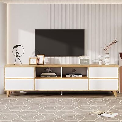 BTM Meuble TV Rustique, Banc TV avec Compartiments et Portes,pour Salon, Salle à Manger, Chambre, Rangement Pratique,Blanc et Bois Naturel,175x37x51cm - Publicité BTM Meuble TV Rustique, Banc TV avec Compartiments et Portes,pour Salon, Salle à Manger, Chambre, Rangement Pratique,Blanc et Bois Naturel,175x37x51cm - Publicité
