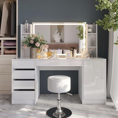 Vicco Coiffeuse Sherry, Blanc/Blanc Brillant, 158.2cm 5 Parties, avec éclairage LED et Banquette rembourrée - Publicité Vicco Coiffeuse Sherry, Blanc/Blanc Brillant, 158.2cm 5 Parties, avec éclairage LED et Banquette rembourrée - Publicité