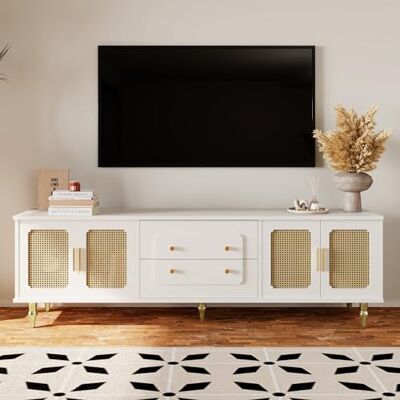 BTM Meuble TV Blanc, avec Pieds en métal, Banc TV avec poignées dorées et Beaucoup d'espace de Rangement, pour Salon, Salle à Manger, Chambre,Blanc,175x38x55.5cm - Publicité BTM Meuble TV Blanc, avec Pieds en métal, Banc TV avec poignées dorées et Beaucoup d'espace de Rangement, pour Salon, Salle à Manger, Chambre,Blanc,175x38x55.5cm - Publicité