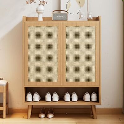 Merax Buffet en rotin avec 2 portes et 5 étagères, pieds en bois massif et poignées en bois, armoire de rangement de style maison de campagne, 80 x 35 x 105 cm - Publicité Merax Buffet en rotin avec 2 portes et 5 étagères, pieds en bois massif et poignées en bois, armoire de rangement de style maison de campagne, 80 x 35 x 105 cm - Publicité
