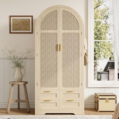 Merax Armoire à portes incurvées en chêne Grand espace de rangement avec tringle à vêtements et tiroirs, revêtement de porte en rotin, pieds stables pour chambre à coucher et couloir 80 x 50 x 179 - Publicité Merax Armoire à portes incurvées en chêne Grand espace de rangement avec tringle à vêtements et tiroirs, revêtement de porte en rotin, pieds stables pour chambre à coucher et couloir 80 x 50 x 179 - Publicité