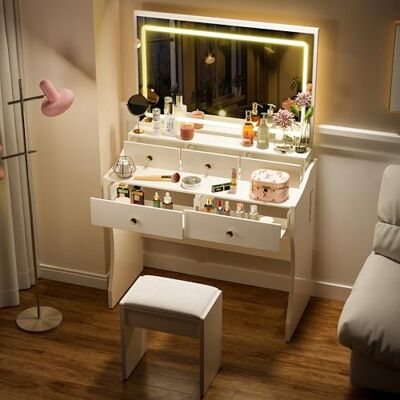 COMHOMA Coiffeuse avec Miroir LED à Luminosité Réglable, Coiffeuse avec Miroir et Prise avec Banc, 5 Tiroirs et 2 Compartiments, Commode Moderne, Blanc - Publicité COMHOMA Coiffeuse avec Miroir LED à Luminosité Réglable, Coiffeuse avec Miroir et Prise avec Banc, 5 Tiroirs et 2 Compartiments, Commode Moderne, Blanc - Publicité