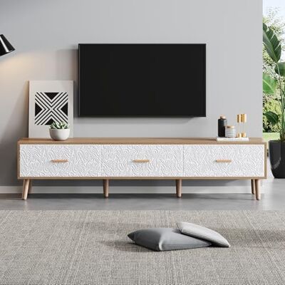 BTM Meuble TV Bois, Meuble TV avec 3 Tiroirs, Banc TV Longueur 150cm, Style Rétro, Meuble Télé pour Télévisions 70 Pouces, Charge de 60kg, 150x35x39cm, Blanc et Brun - Publicité BTM Meuble TV Bois, Meuble TV avec 3 Tiroirs, Banc TV Longueur 150cm, Style Rétro, Meuble Télé pour Télévisions 70 Pouces, Charge de 60kg, 150x35x39cm, Blanc et Brun - Publicité