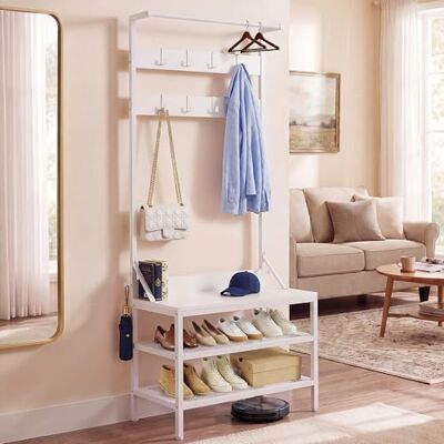 YITAHOME Porte-manteau industriel avec rangement de chaussures, 2 étagères, porte-manteau industriel avec 9 crochets, pour couloir, salon, chambre à coucher, cadre en métal, blanc - Publicité YITAHOME Porte-manteau industriel avec rangement de chaussures, 2 étagères, porte-manteau industriel avec 9 crochets, pour couloir, salon, chambre à coucher, cadre en métal, blanc - Publicité