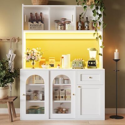 Merax Armoire de cuisine avec buffet LED pour cuisine, armoire haute avec plan de travail, portes coulissantes en verre, tiroirs, étagères réglables, vitrine moderne, blanche - Publicité Merax Armoire de cuisine avec buffet LED pour cuisine, armoire haute avec plan de travail, portes coulissantes en verre, tiroirs, étagères réglables, vitrine moderne, blanche - Publicité