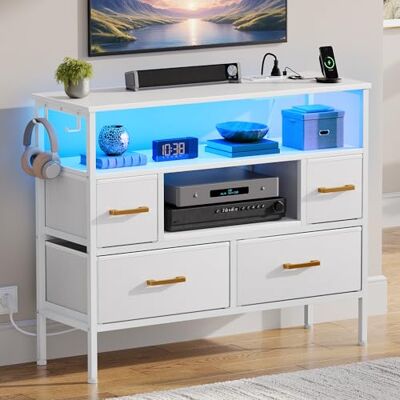 YITAHOME Commode en Tissu avec Prises et lumières LED, 4 tiroirs et 2 Crochets, Convient pour Les téléviseurs jusqu'à 32 Pouces, Commode en Tissu pour Chambre à Coucher, Salon, Bureau à Domicile - Publicité YITAHOME Commode en Tissu avec Prises et lumières LED, 4 tiroirs et 2 Crochets, Convient pour Les téléviseurs jusqu'à 32 Pouces, Commode en Tissu pour Chambre à Coucher, Salon, Bureau à Domicile - Publicité