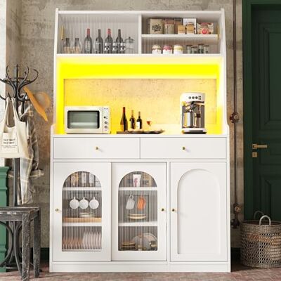 Merax Armoire de cuisine buffet avec buffet LED pour cuisine, armoire haute avec plan de travail, portes coulissantes en verre, tiroirs, étagères réglables, armoire de rangement moderne, pour - Publicité Merax Armoire de cuisine buffet avec buffet LED pour cuisine, armoire haute avec plan de travail, portes coulissantes en verre, tiroirs, étagères réglables, armoire de rangement moderne, pour - Publicité