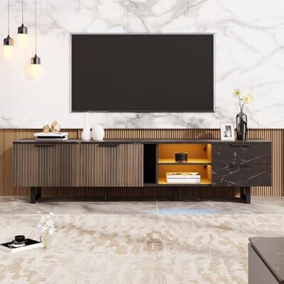 Merax Meuble TV avec LED, aspect marbre noir et portes en grain de bois foncé, meuble TV avec 2 portes, 2 tiroirs, compatible avec les robots d'aspirateur et éclairage réglable, 200 x 38 x 50 cm - Publicité Merax Meuble TV avec LED, aspect marbre noir et portes en grain de bois foncé, meuble TV avec 2 portes, 2 tiroirs, compatible avec les robots d'aspirateur et éclairage réglable, 200 x 38 x 50 cm - Publicité