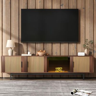 Merax Meuble TV LED Lowboard Moderne avec Porte en Verre Trempé, Lowboard Design à Texture Sculptée, Meuble TV avec Éclairage Contrôlable,200x35x53 cm,Noir + Brun Noyer - Publicité Merax Meuble TV LED Lowboard Moderne avec Porte en Verre Trempé, Lowboard Design à Texture Sculptée, Meuble TV avec Éclairage Contrôlable,200x35x53 cm,Noir + Brun Noyer - Publicité