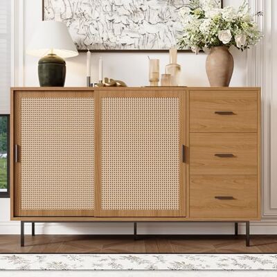 BTM Sideboard avec 2 Portes Coulissantes & 3 Tiroirs, Étagères Réglables, Style Maison De Campagne, Adapté pour Salon & Salle À Manger, Dimensions: 140/H91/T37cm - Publicité BTM Sideboard avec 2 Portes Coulissantes & 3 Tiroirs, Étagères Réglables, Style Maison De Campagne, Adapté pour Salon & Salle À Manger, Dimensions: 140/H91/T37cm - Publicité