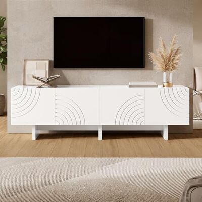 BTM Meuble TV Lowboard Blanc Moderne à Motif d'arc géométrique et façades Relief décoratives, 4 Portes avec cloison Centrale, Grand Rangement pour Salon - Publicité BTM Meuble TV Lowboard Blanc Moderne à Motif d'arc géométrique et façades Relief décoratives, 4 Portes avec cloison Centrale, Grand Rangement pour Salon - Publicité
