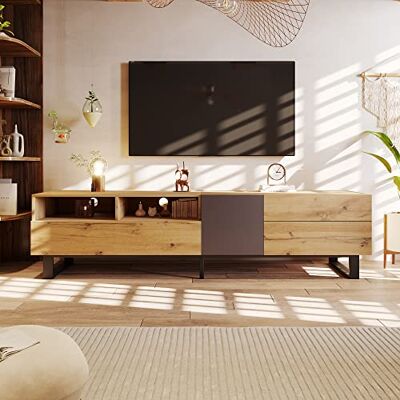 BTM Meuble TV Bois 180, Banc TV avec 2 Portes Coulissantes et 2 Tiroirs, Meuble Bas pour Salon, 180x33x50cm, Bois & Noir - Publicité BTM Meuble TV Bois 180, Banc TV avec 2 Portes Coulissantes et 2 Tiroirs, Meuble Bas pour Salon, 180x33x50cm, Bois & Noir - Publicité
