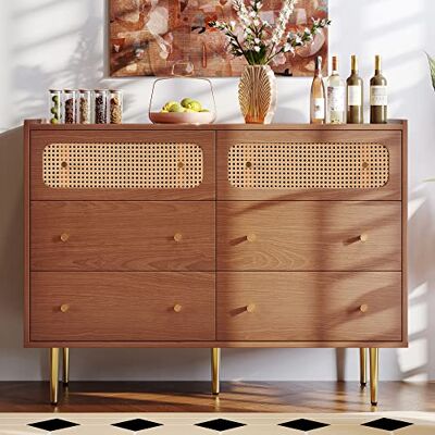 Merax Commode à 6 tiroirs Buffet en rotin en Bois avec poignées en métal pour Chambre à Coucher, Salon et Bureau Noyer 120 x 40 x 90 cm - Publicité Merax Commode à 6 tiroirs Buffet en rotin en Bois avec poignées en métal pour Chambre à Coucher, Salon et Bureau Noyer 120 x 40 x 90 cm - Publicité