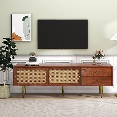BTM Meuble TV en rotin, Banc TV avec 2 tiroirs, 2 Portes coulissantes en rotin, 4 Compartiments de Rangement, pour Salon, Salle à Manger, Chambre, Rangement Pratique, Noyer, 160x40x60cm - Publicité BTM Meuble TV en rotin, Banc TV avec 2 tiroirs, 2 Portes coulissantes en rotin, 4 Compartiments de Rangement, pour Salon, Salle à Manger, Chambre, Rangement Pratique, Noyer, 160x40x60cm - Publicité
