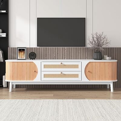 Merax Meuble TV en Bois Naturel avec Rattan – 170x46x39,5 cm – Design Rustique, Rangement Pratique, Style Campagne, Pieds en Bois Massif Blanc - Publicité Merax Meuble TV en Bois Naturel avec Rattan – 170x46x39,5 cm – Design Rustique, Rangement Pratique, Style Campagne, Pieds en Bois Massif Blanc - Publicité