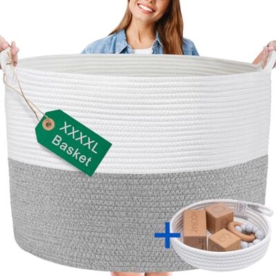 Huddle Supply Co Panier en corde de coton lavable XXL 61 x 43,2 cm pour couvertures, salon, rangement de jouets de bébé - Publicité Huddle Supply Co Panier en corde de coton lavable XXL 61 x 43,2 cm pour couvertures, salon, rangement de jouets de bébé - Publicité