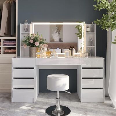 Vicco Coiffeuse Sherry, Blanc/Blanc Brillant, 158.2cm 5 Parties, avec éclairage LED et Banquette rembourrée - Publicité Vicco Coiffeuse Sherry, Blanc/Blanc Brillant, 158.2cm 5 Parties, avec éclairage LED et Banquette rembourrée - Publicité