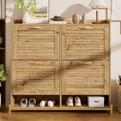 BTM Meuble à Chaussures Moderne avec Portes en Listes de Bois – 4 Portes, Cadre en Métal et Rangement – Organisateur Économiseur d'Espace pour Entrée, Couloir ou Chambre (108x24x100 cm) - Publicité BTM Meuble à Chaussures Moderne avec Portes en Listes de Bois – 4 Portes, Cadre en Métal et Rangement – Organisateur Économiseur d'Espace pour Entrée, Couloir ou Chambre (108x24x100 cm) - Publicité