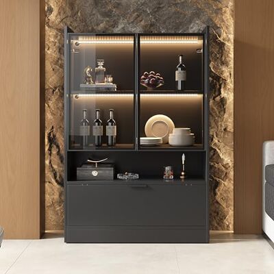 Merax Vitrine LED Moderne Noir Mat 120 cm – Meuble Vitrine Verre, Armoire Vitrée Salon Portes Verre Trempé Abattant, Buffet Rangement Design 120x80x35 cm - Publicité Merax Vitrine LED Moderne Noir Mat 120 cm – Meuble Vitrine Verre, Armoire Vitrée Salon Portes Verre Trempé Abattant, Buffet Rangement Design 120x80x35 cm - Publicité