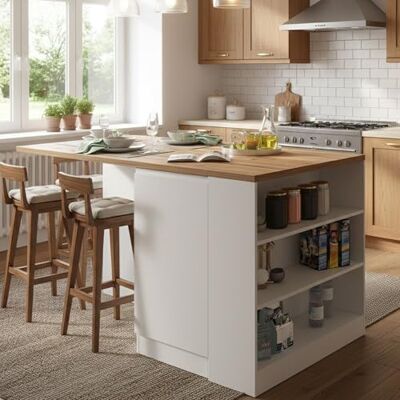 DMORA - Isla de cocina Osvaldo - Blanc brillant - Chêne - Kitchen island - Publicité DMORA - Isla de cocina Osvaldo - Blanc brillant - Chêne - Kitchen island - Publicité