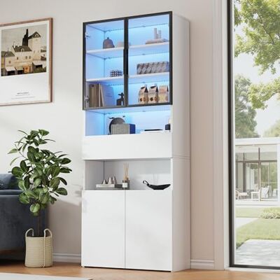 Merax Vitrine en verre avec LED, moderne, sur pied, avec 4 portes, 1 tiroir, compartiments ouverts, porte en verre avec cadre en aluminium, vitrine de collection pour salon, bureau Blanc - Publicité Merax Vitrine en verre avec LED, moderne, sur pied, avec 4 portes, 1 tiroir, compartiments ouverts, porte en verre avec cadre en aluminium, vitrine de collection pour salon, bureau Blanc - Publicité