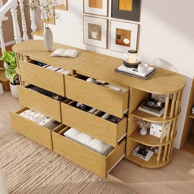BTM Commode Sideboard 160cm Chêne, Design Romain avec Colonnes & Rangements Bambou, 6 Tiroirs & Rangements Ouverts, Pieds Réglables, H75/B160/T40cm - Publicité BTM Commode Sideboard 160cm Chêne, Design Romain avec Colonnes & Rangements Bambou, 6 Tiroirs & Rangements Ouverts, Pieds Réglables, H75/B160/T40cm - Publicité