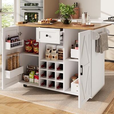 Merax Îlot de cuisine mobile avec plan de travail rabattable, chariot d'îlot de cuisine sur roulettes avec tiroir, portes, étagère à vin, étagère à épices, porte-serviettes, chariot de service en bois - Publicité Merax Îlot de cuisine mobile avec plan de travail rabattable, chariot d'îlot de cuisine sur roulettes avec tiroir, portes, étagère à vin, étagère à épices, porte-serviettes, chariot de service en bois - Publicité