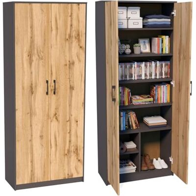 Home Collective Armoire polyvalente à 8 compartiments, armoire à balais, armoire de ménage en finition mate avec 6 étagères et 2 portes, 74 cm de large en panneau stratifié et poignées en polymère en chêne graphite - Publicité Home Collective Armoire polyvalente à 8 compartiments, armoire à balais, armoire de ménage en finition mate avec 6 étagères et 2 portes, 74 cm de large en panneau stratifié et poignées en polymère en chêne graphite - Publicité