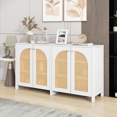 BTM Buffet Rotin, Placard Cuisine, Style Minimaliste, Meuble de Rangement avec 4 Portes, Poignée en Métal, pour Salon, Salle à Manger et Cusine, 145x40x80cm, Blanc - Publicité BTM Buffet Rotin, Placard Cuisine, Style Minimaliste, Meuble de Rangement avec 4 Portes, Poignée en Métal, pour Salon, Salle à Manger et Cusine, 145x40x80cm, Blanc - Publicité