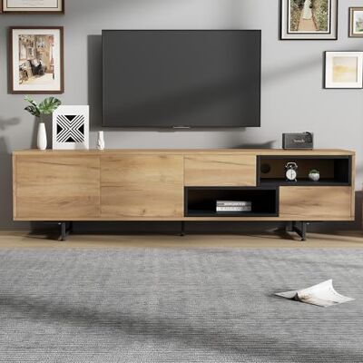Merax Meuble TV Bois Naturel Support TV jusqu'à 70 Pouces avec Rangement – 173x38x48 cm,2 Portes, 2 Étagères Ouvertes, Design Minimaliste avec Finitions Bois et Métal - Publicité Merax Meuble TV Bois Naturel Support TV jusqu'à 70 Pouces avec Rangement – 173x38x48 cm,2 Portes, 2 Étagères Ouvertes, Design Minimaliste avec Finitions Bois et Métal - Publicité
