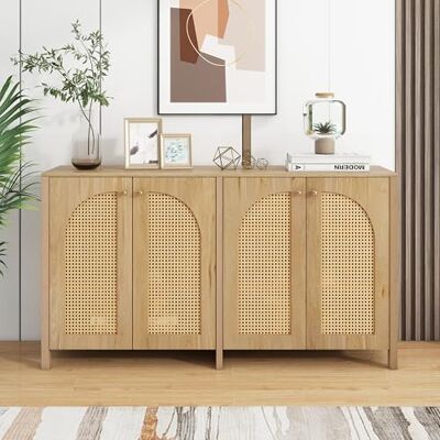 Merax Buffet moderne, polyvalent, avec casier, meuble de rangement avec 4 portes en rotin et poignées en métal, pour salle à manger, salon et cuisine, en bois naturel - Publicité Merax Buffet moderne, polyvalent, avec casier, meuble de rangement avec 4 portes en rotin et poignées en métal, pour salle à manger, salon et cuisine, en bois naturel - Publicité