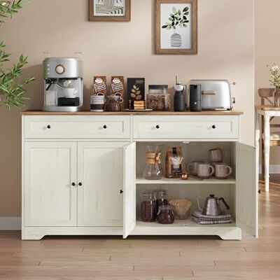VASAGLE Siren Collection Meuble de Rangement, Buffet de Cuisine, Style Maison de Campagne, avec 2 Tiroirs, Étagères Réglables, 4 Portes, Bar à Café, 40 x 140 x 80 cm, Blanc Rustique LSC541WJ01 - Publicité VASAGLE Siren Collection Meuble de Rangement, Buffet de Cuisine, Style Maison de Campagne, avec 2 Tiroirs, Étagères Réglables, 4 Portes, Bar à Café, 40 x 140 x 80 cm, Blanc Rustique LSC541WJ01 - Publicité