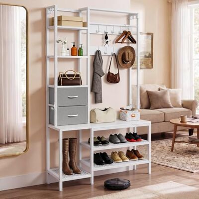 YITAHOME Porte-manteau industriel avec étagère à chaussures, meuble de vestiaire sur pied avec 2 étagères, 9 crochets, convient pour couloir, salon et chambre à coucher, en métal, blanc - Publicité YITAHOME Porte-manteau industriel avec étagère à chaussures, meuble de vestiaire sur pied avec 2 étagères, 9 crochets, convient pour couloir, salon et chambre à coucher, en métal, blanc - Publicité