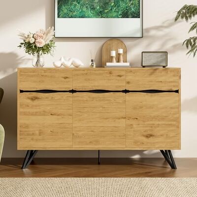 Merax Buffet Bas 3 Portes Bois Clair avec Pieds métal – Meuble de Rangement Moderne 140 × 40 × 75 cm - Publicité Merax Buffet Bas 3 Portes Bois Clair avec Pieds métal – Meuble de Rangement Moderne 140 × 40 × 75 cm - Publicité